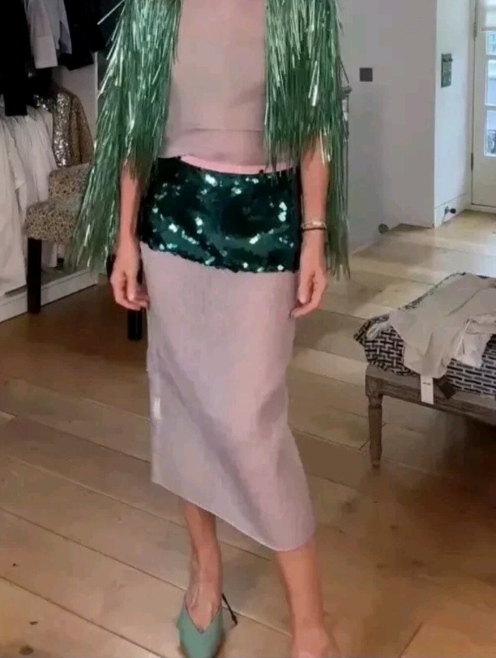 NWT ZARA COLLECTION Gray Green Limited Edition Contrast Sequin Midi Skirt